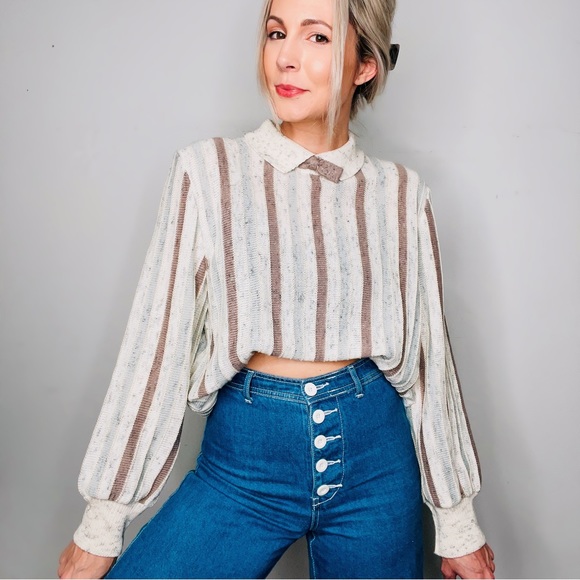 Vintage Sweaters - VINTAGE | Striped Knit Collared Bow Tie Cottage Core Sweater Top